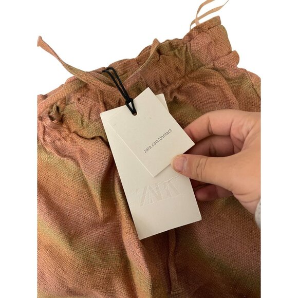 Zara Womens Midi Linen Skirt A-Line XS Pink Tan Plaid Drawstring 4043/077 NWT - Picture 4 of 15